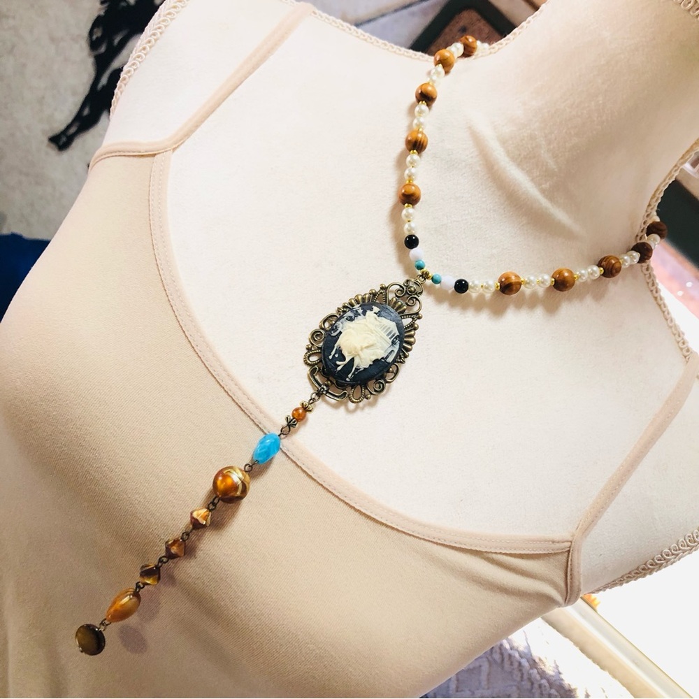 Handcrafted repurpose filigree cameo pendant beaded necklace
